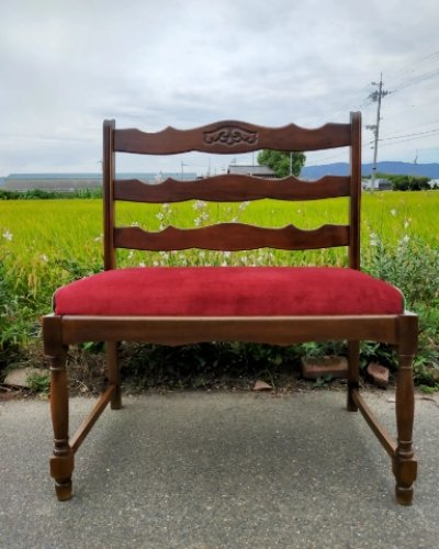 画像1: アンティーク二人掛け長椅子・ベンチ　座面（赤×紫×緑）張替え済み